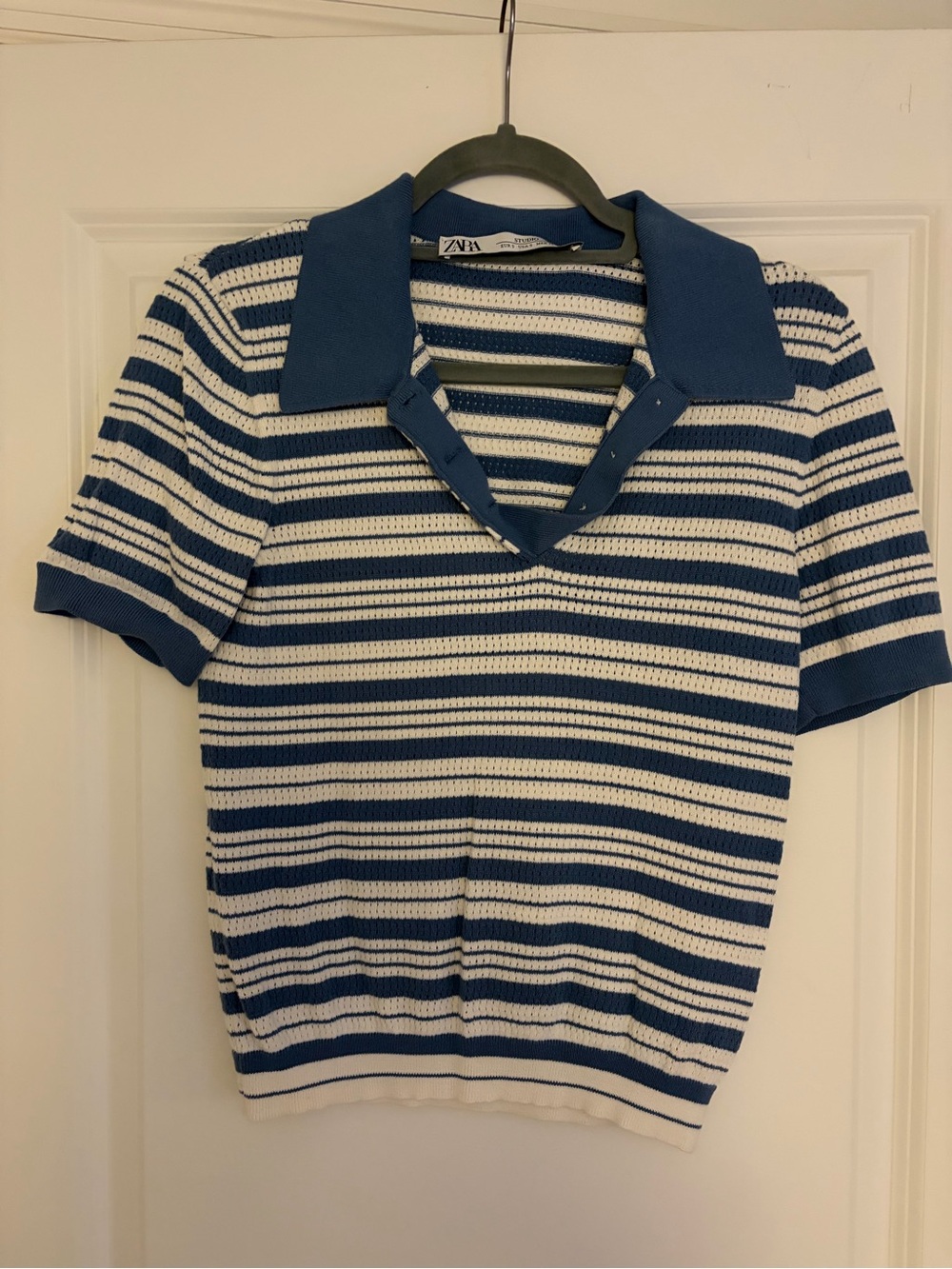Zara Blue & White Striped Short-Sleeve Polo Top